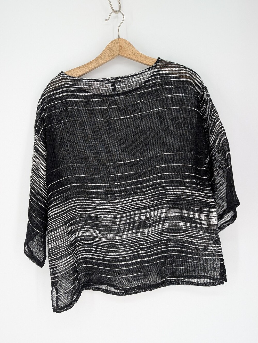 Eileen Fisher Illusion Organic Linen Mesh Bateau Neck Top Black Small - Picture 6 of 8
